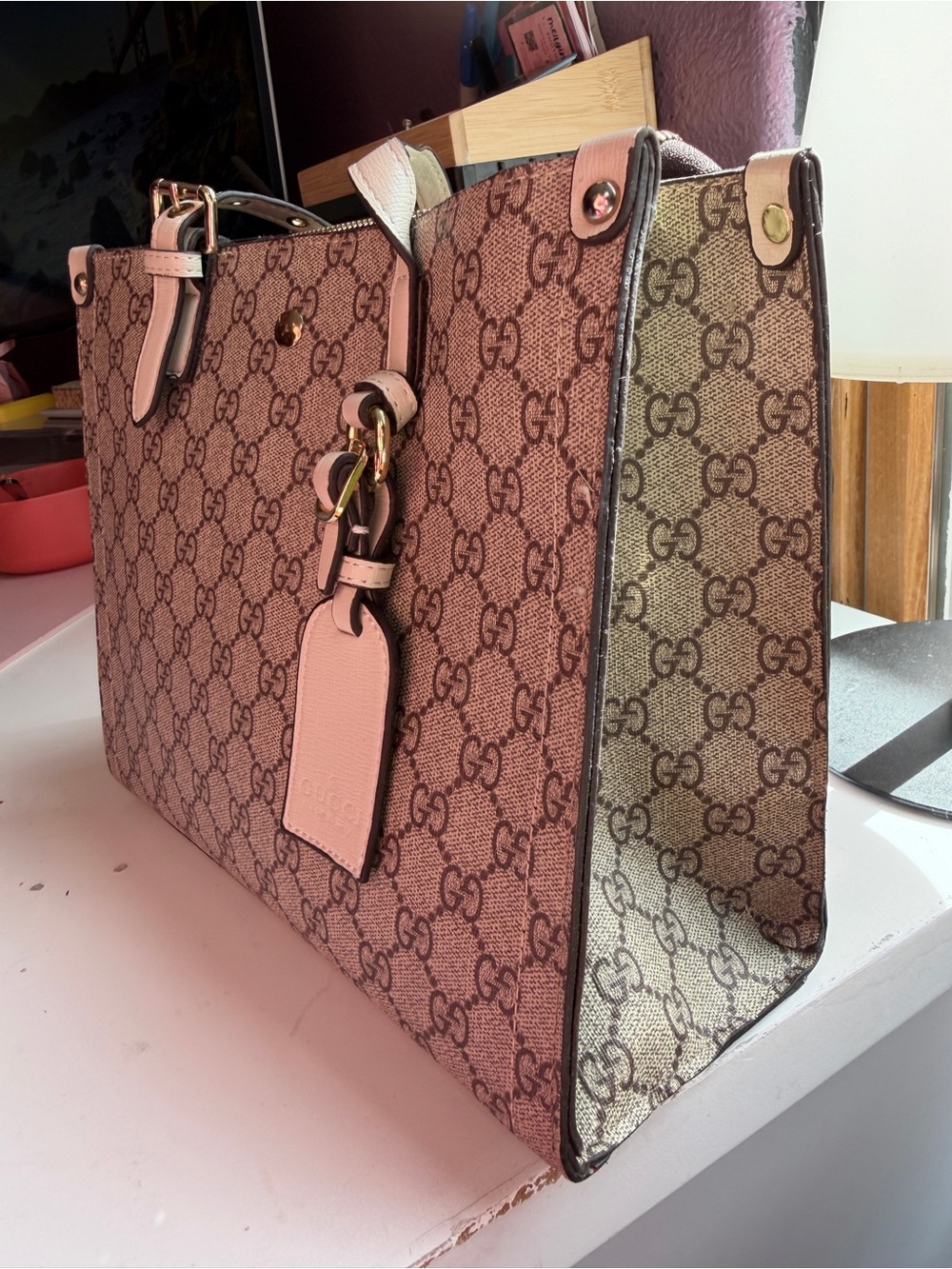 Gucci Pink Monogram Tote with Beige Sides and Gold Hardware